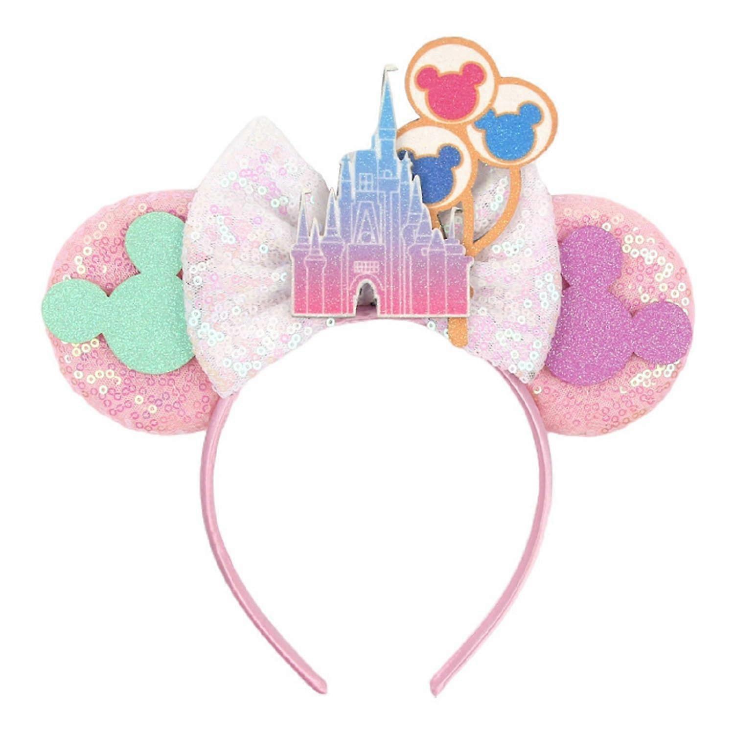Mouse Ears Headband Green Castle Design Glitter Sequins Bow for Disney Theme Park Trips