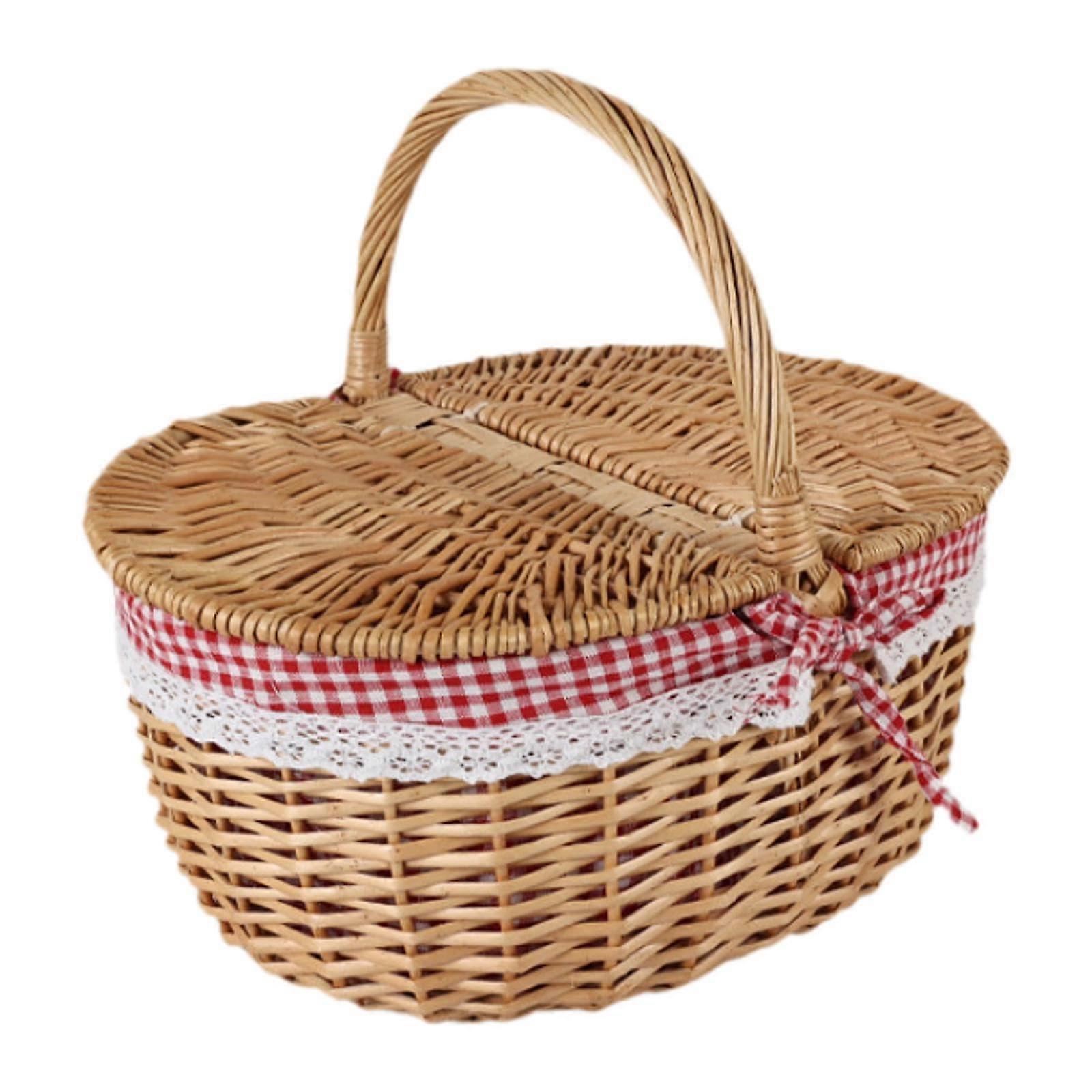 Wicker Picnic Basket with Dual Entry Lid, Removable Lining, Red White Medium for Outdoor Camping