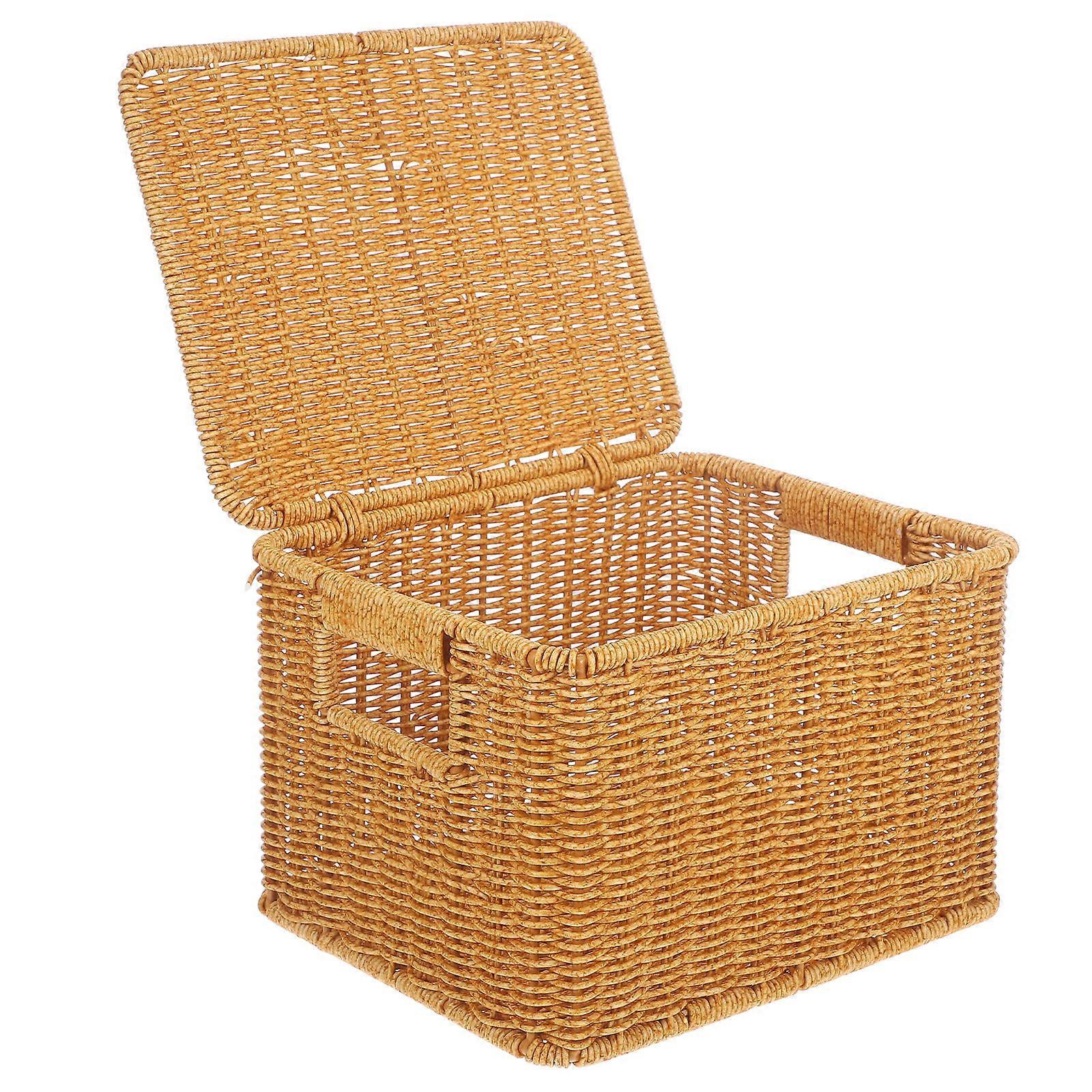 Multi-Purpose Imitation Rattan Basket for Storage with Lid Brown Plastic