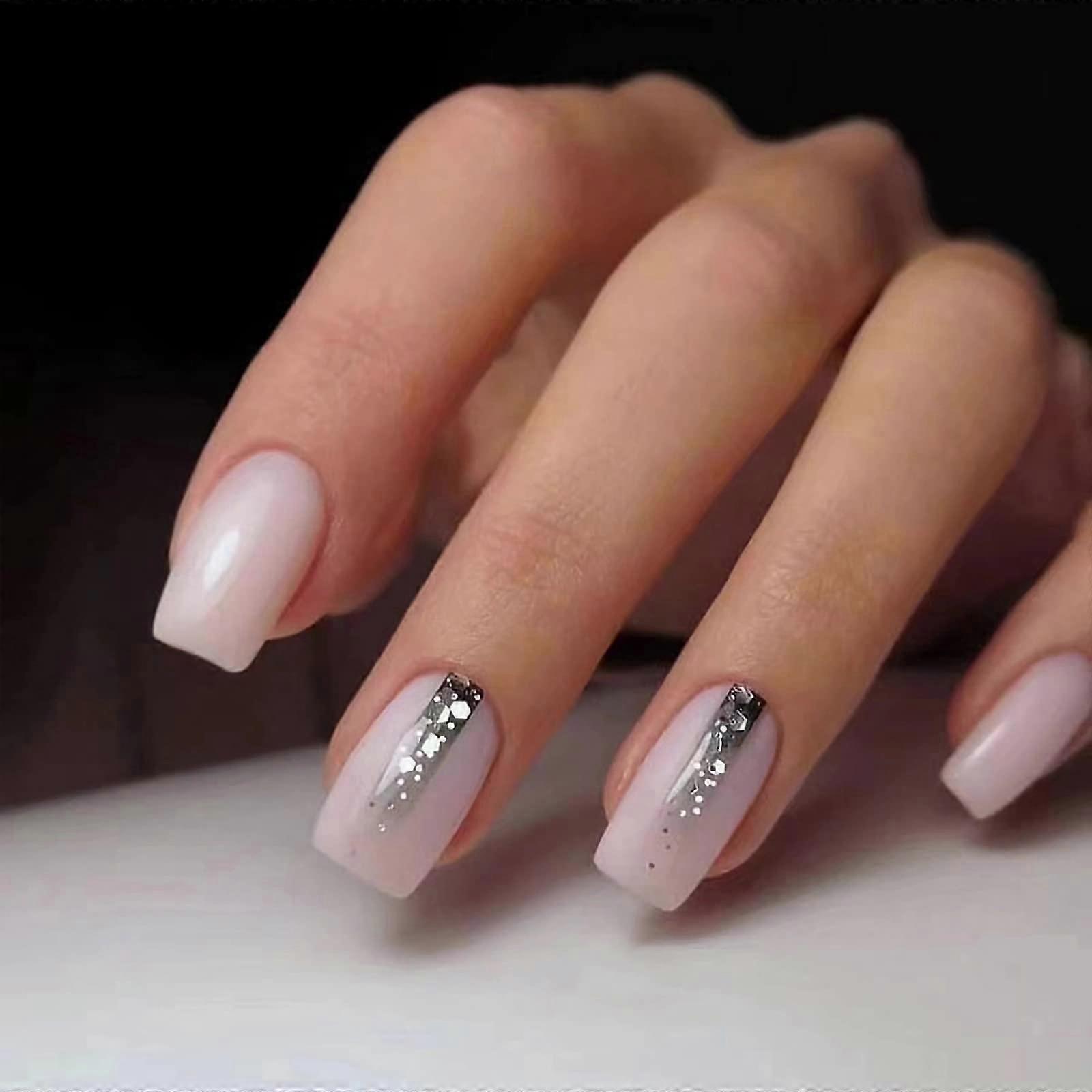 Medium Length Square Press On Nails White Squoval with Glitter Glue On Acrylic ABS Set 24pcs