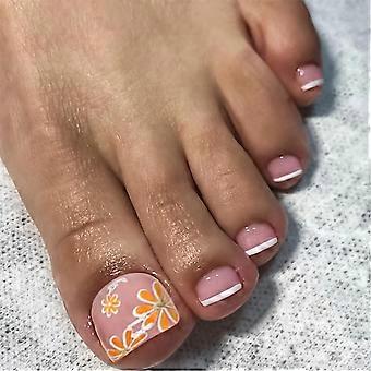 Press on Toenails French Tip White Square Toe Fake Nails Set Reusable Full Cover 24pcs for Women