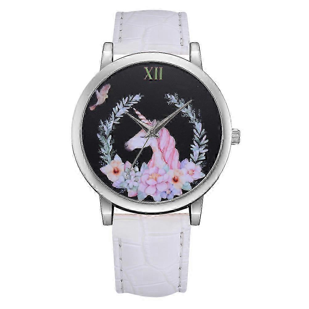Unicorn Patterned White Leather Strap Casual Quartz Watch for Students