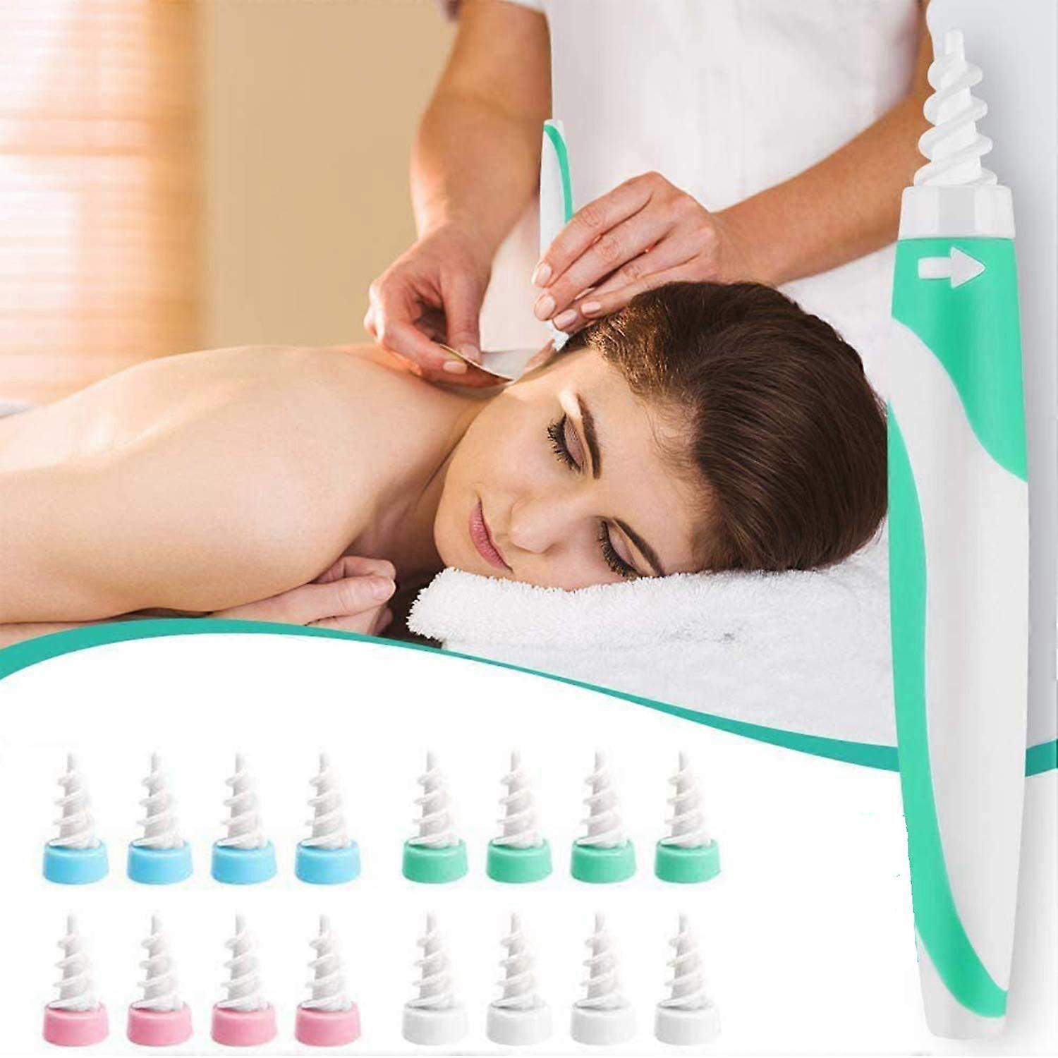 Earwax Removal Tool with Soft Spiral Silicone Tips, 16 Replaceable Heads, Reusable Ear Cleaner Kit (Green)