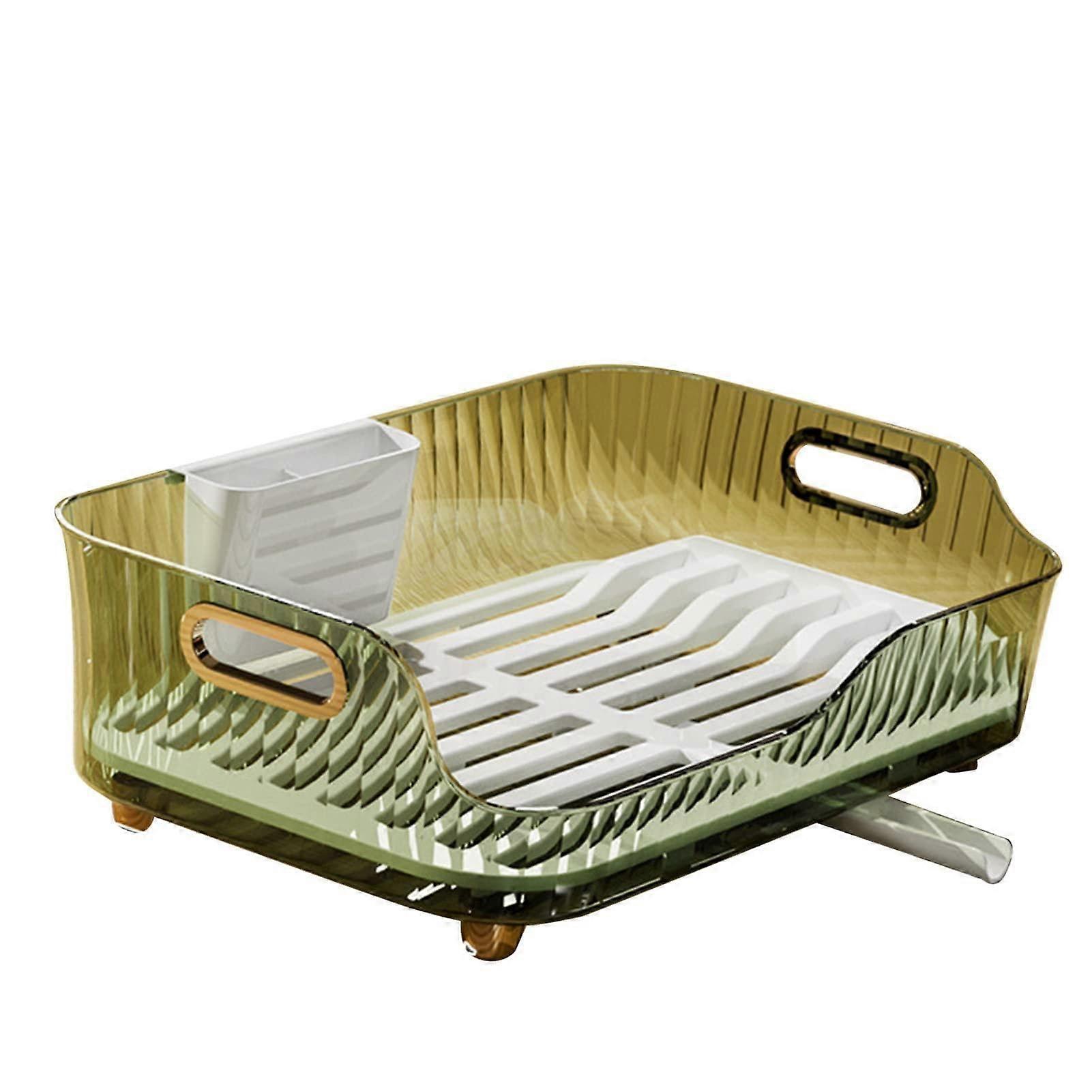 Large Capacity Dish Drying Rack with Automatic Water Drain, MultiPurpose Kitchen Utensil Organizer, Translucent Green