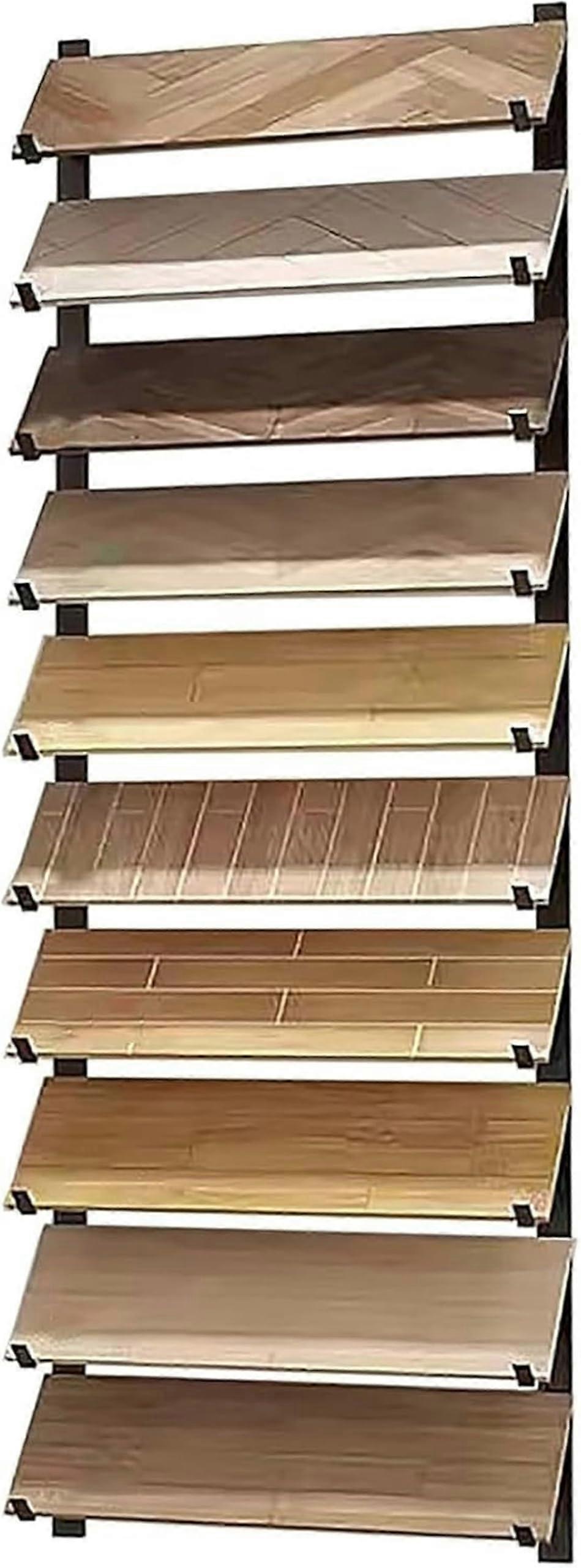 10Tier Metal WallMounted Tile Display Rack with Guardrail, SpaceSaving Black Store Shelf