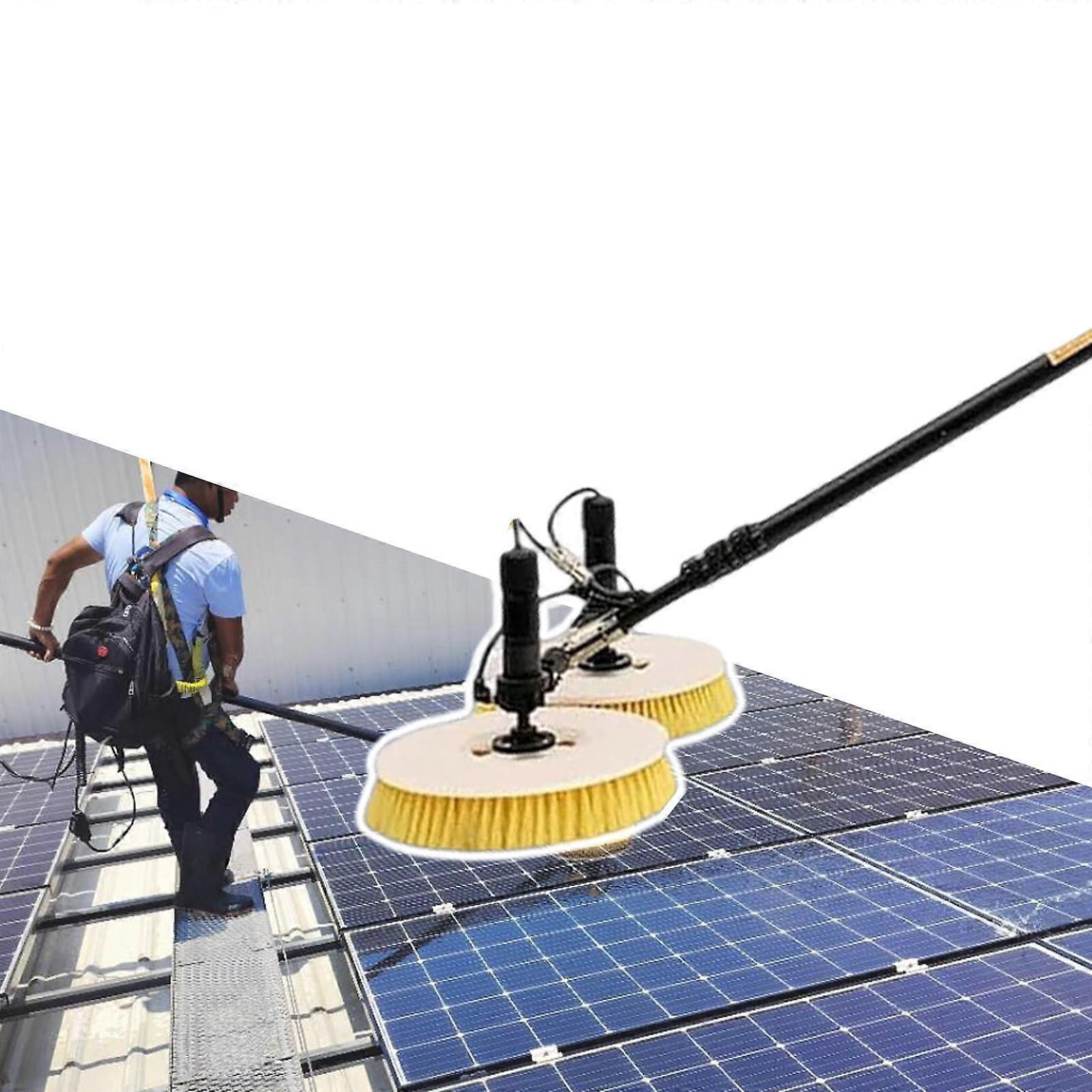 Automatic Solar Panel Cleaning Brush with Water Spray, Dual Nylon Heads, Adjustable Telescopic Pole, Battery Powered