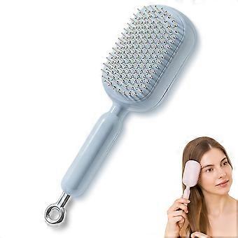 Self Cleaning Retractable Hair Brush for Women with Cushion Bristles Blue Comb for All Hair Types