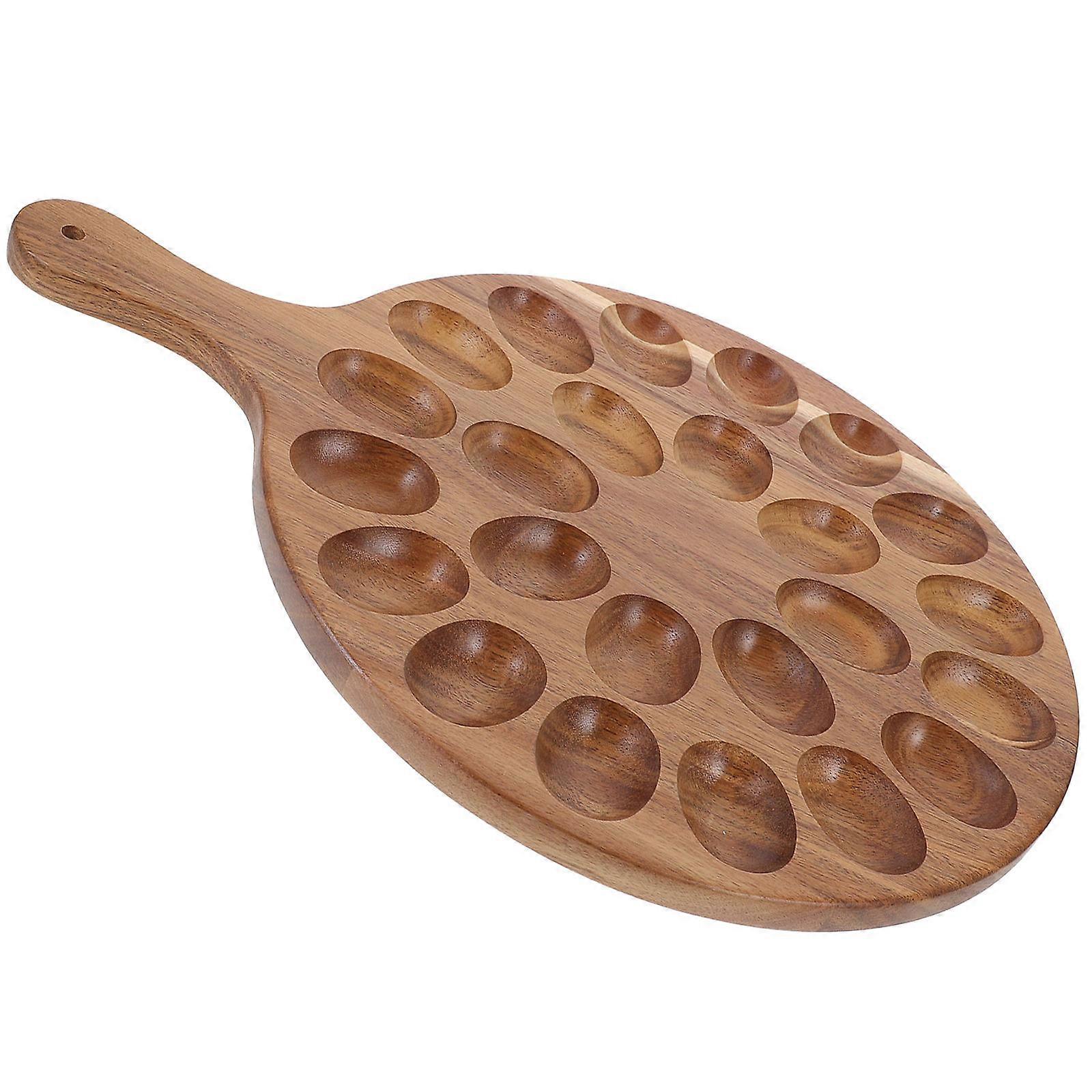 Brown Acacia Deviled Egg Platter Tray for Serving with Handle
