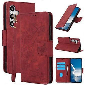 Wallet Case Floral Leather Cover with 3 Card Slots Wrist Strap and Magnetic Closure Red for Samsung Galaxy S25