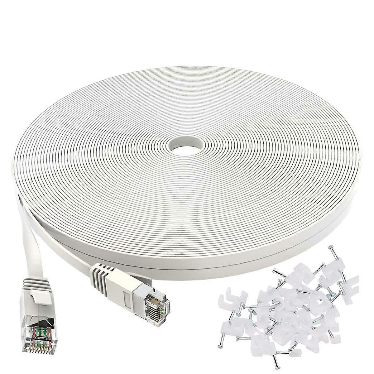 6 Ethernet Cable 50 Ft White - Flat Internet Network Lan Patch Cords  Solid Cat6 High Speed Computer Wire