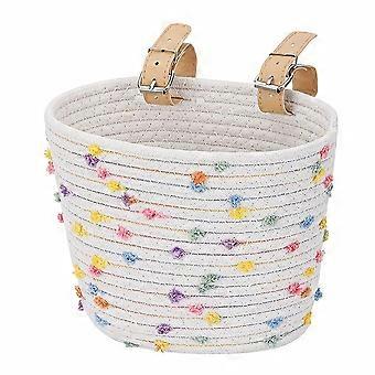 White Woven Sisal Bike Basket with Colorful Floral Accents, Decorative Bicycle Basket for Bikes, Balance Bikes and Scooters, 1 Piece