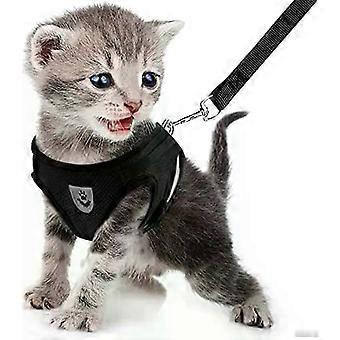 Escape-Proof Adjustable All-Weather Kitten Harness Vest Black Fabric W34cm N24cm L1.2m