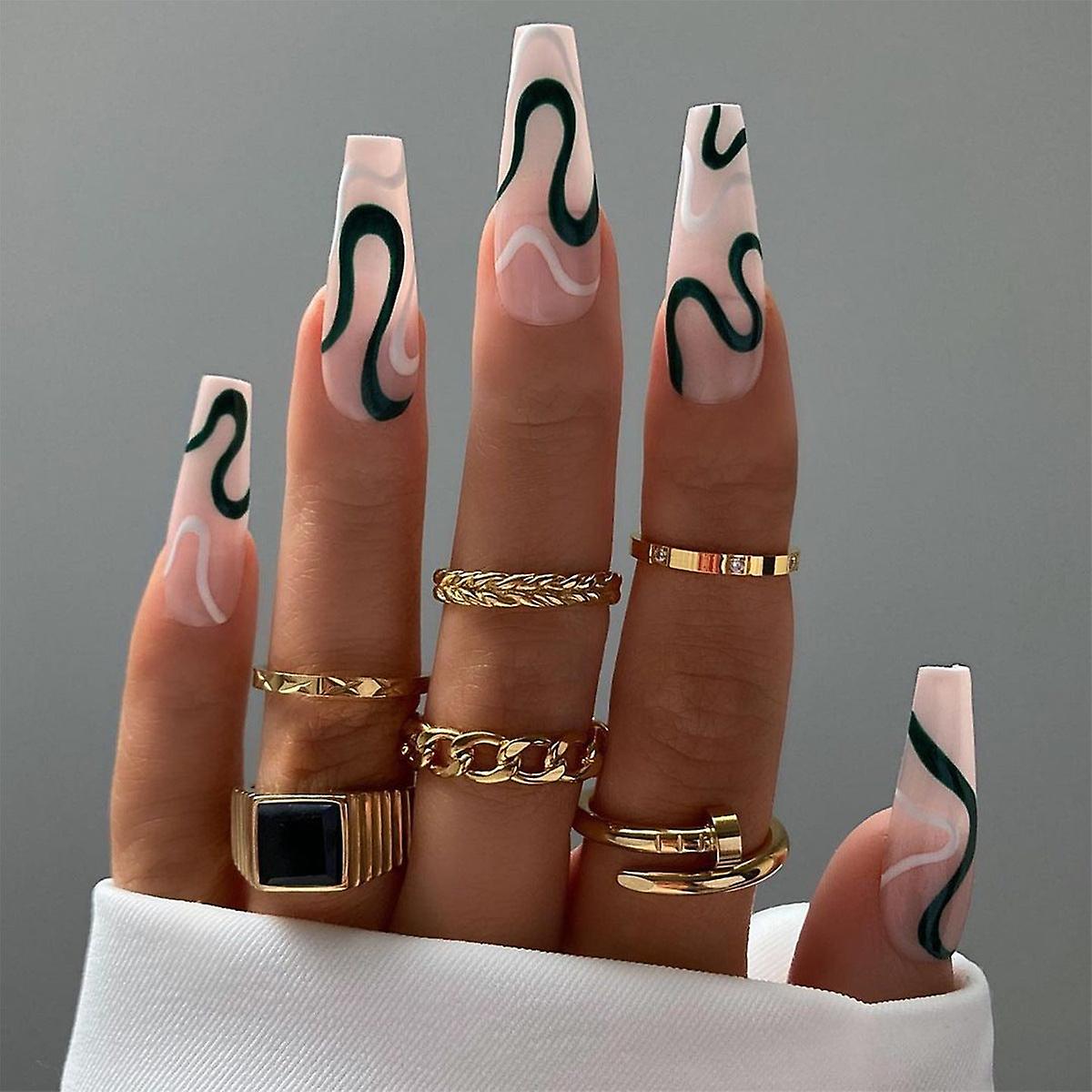 False Nail Tips Fake Artificial Art DIY Finger Cover Wave Series Blackish Green Contrast Color Remov