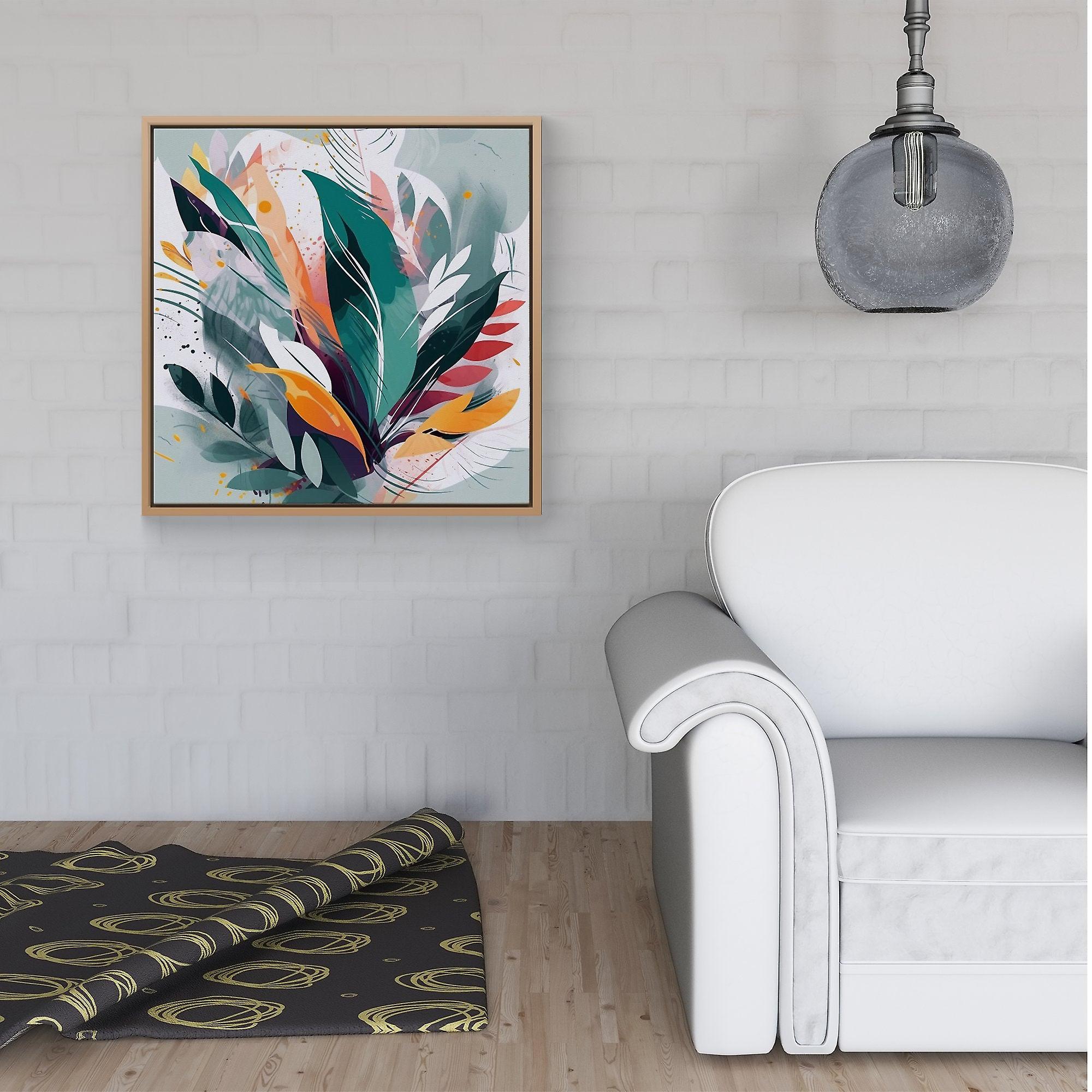 Coloured Abstrace Feather Leaves Framed Canvas