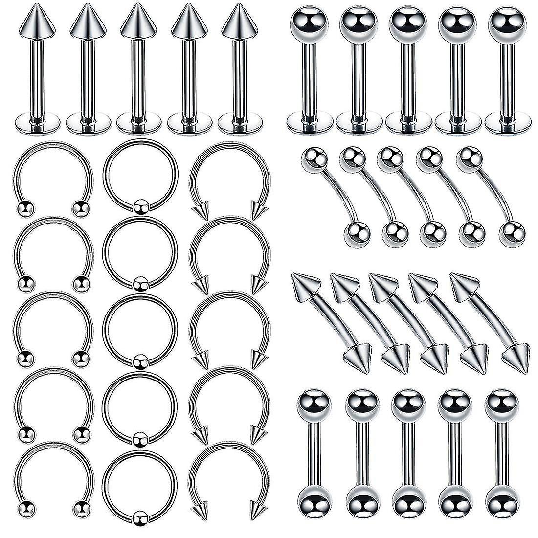 40pcs Piercing Kit Jewelry Stainless Steel Nose Lip Tongue Eyebrow Piercings Rings
