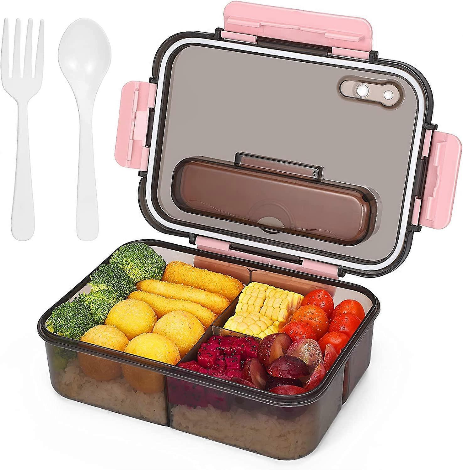 Bento Box for Adults and Kids, Food Storage Box and Take-Out Plastic Lunch Box, 1500ml Multi-Purpose 3-Compartment Container with Tableware