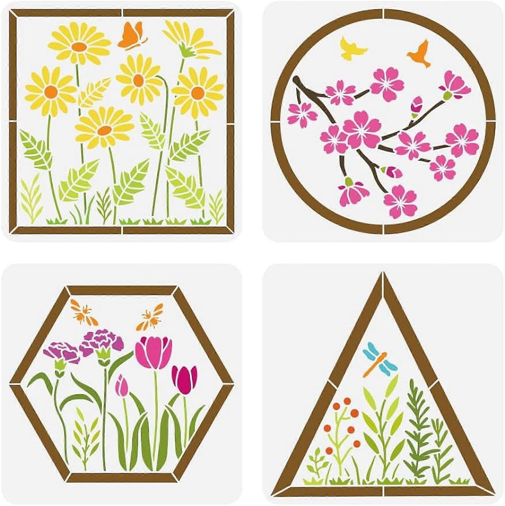 4PCS Geometric Frame Painting Stencil Wildflowers Stencil Daisies Stencil Carnations Stencil Tulips Stencil