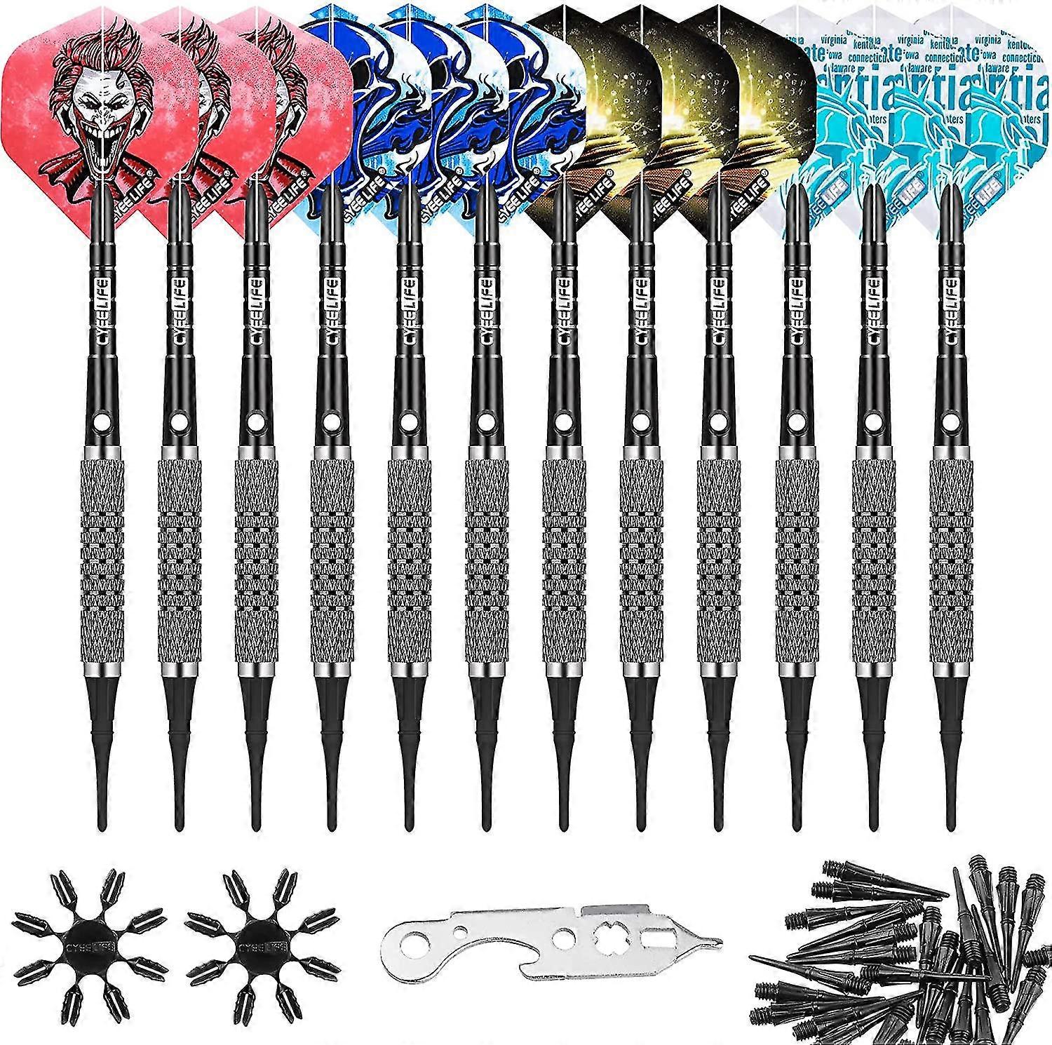 Piao 12g Soft Tip Darts 12packs With 4 Colors Fat Aluminium Shafts+100tips+tool+16flights+16 Protectors,lightweight Plastic Darts Set