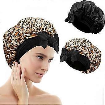 2 Pieces Satin Hair Bonnet for Sleeping, Adjustable Double Layer Silk Hair Bonnet with Wide Elastic Tie Band(Leopard & Black)