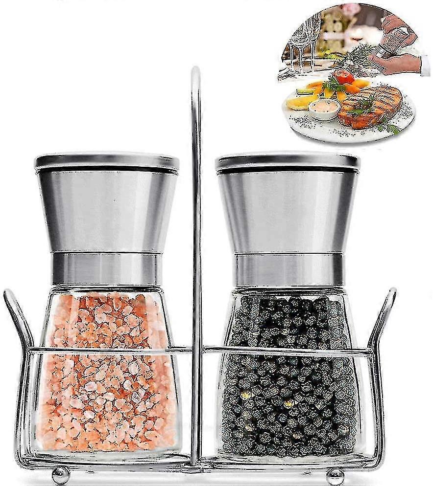 Stainless Steel Seasoning Spice Mill Set With Matching Stand, Adjustable Salt And Pepper Mill Set, Hand Grinder Salt And Pepper Mill Adjustable Cerami