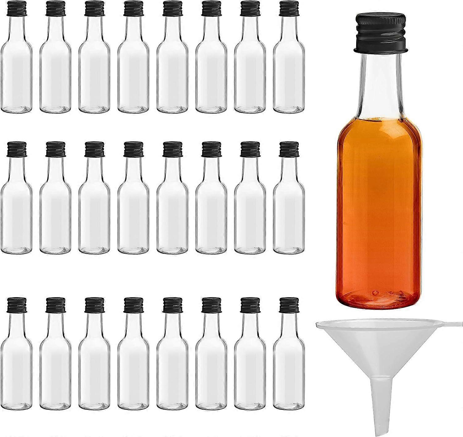 24 Pcs Mini Plastic Liqueur Bottles 50 ml Plastic Reusable Empty Small Schnapps Bottles with Black Lid and Funnel for Weddings Party