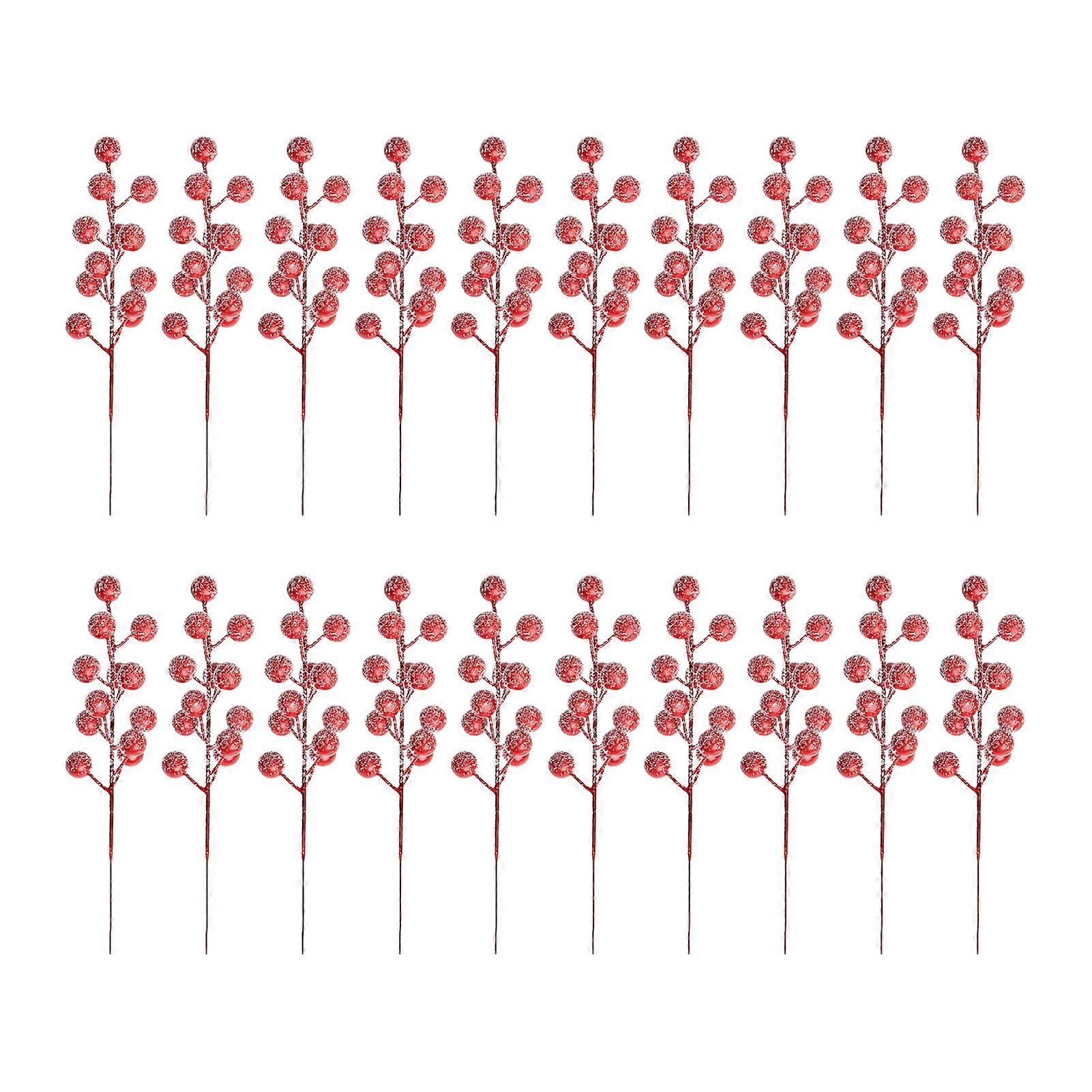 20Pcs/Set Artificial Red Fruit Branch with Snowflake 12 Heads Fake Berry Pick Christmas Wedding Party Foam Berry Plants Decoration Table Centerpiece