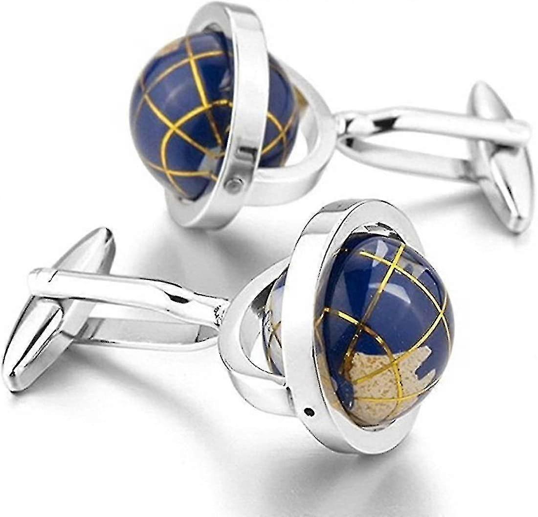 Really Spins Rhodium Plated Blue Globe Earth Cufflinks For Men