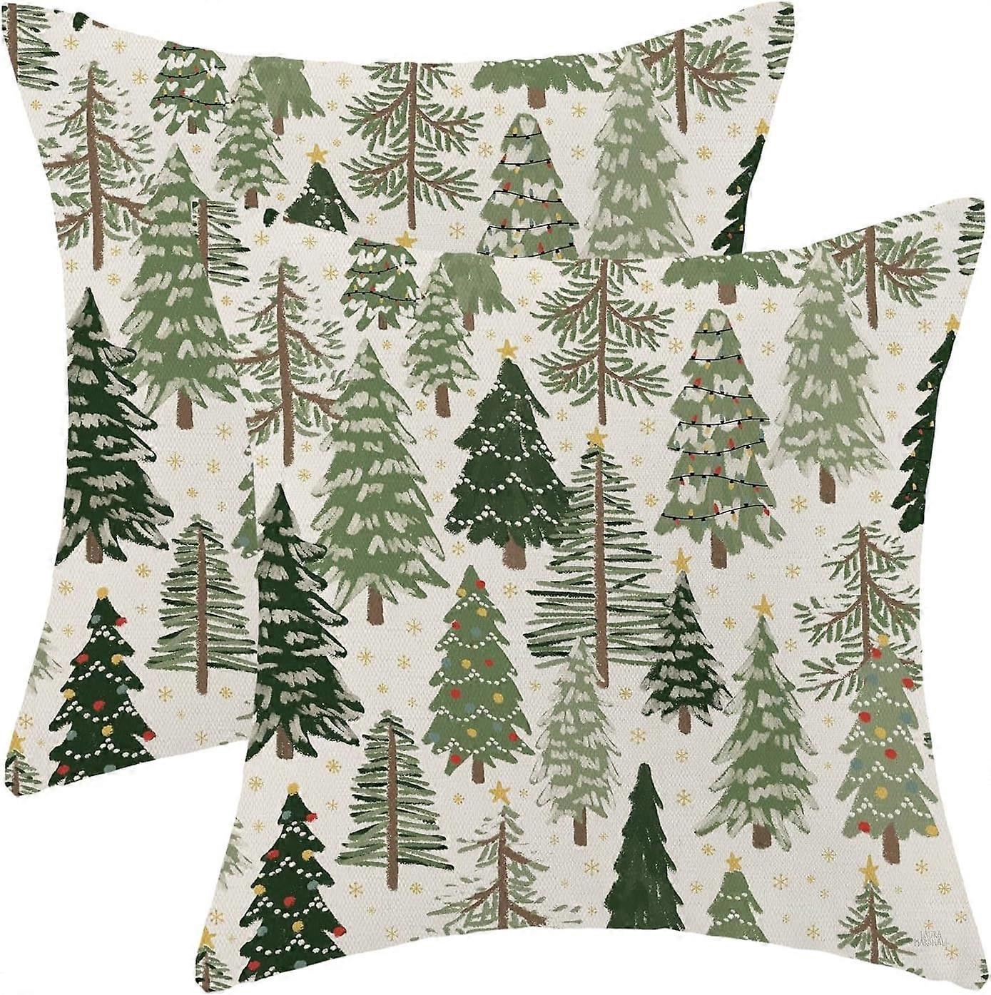 Christmas Pillow Covers 18x18 Set of 2, Green Christmas Tree Throw Pillow Covers Linen Farmhouse Vintage Winter Christmas Home Decor for Couch Sofa In