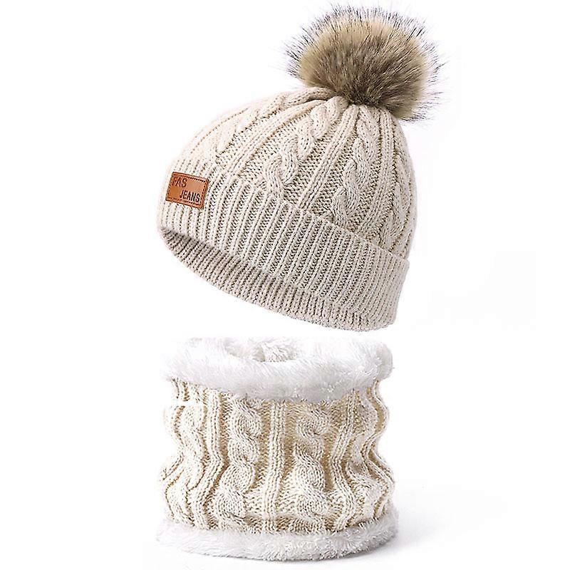 Toddler Wool Scarf and Hat Set Winter Twisted Single Pompom Knitted Hat Dark Pink