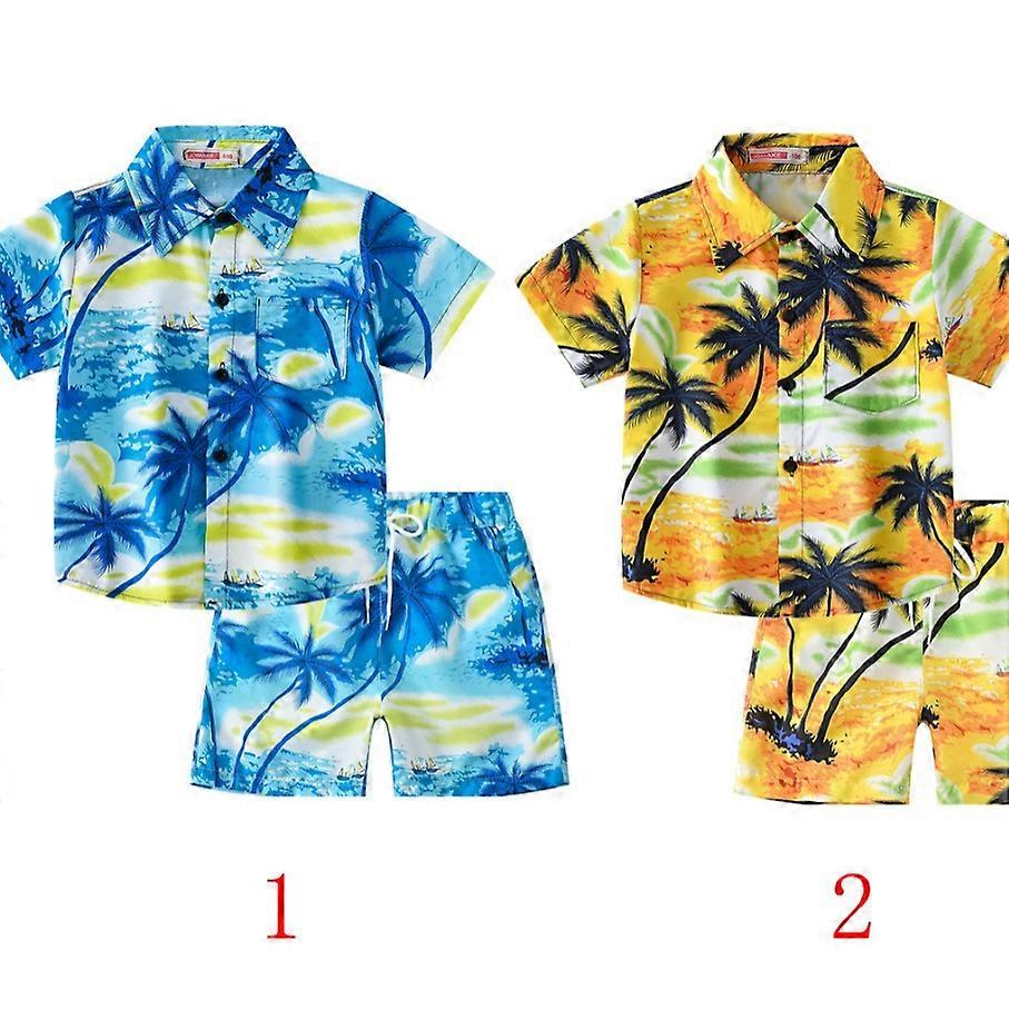 Children's set seaside coconut tree wind boy print short sleeve + shorts casual suit