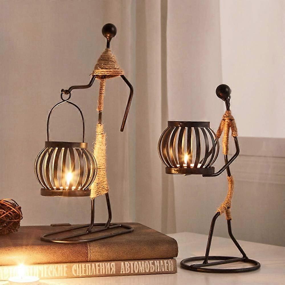SBSG 2Pcs Candle Holders for Tables, Retro Black Iron Tea Light Candle Holders Vintage Candlestick Stand Little Girl Shaped with Hemp Rope Design for