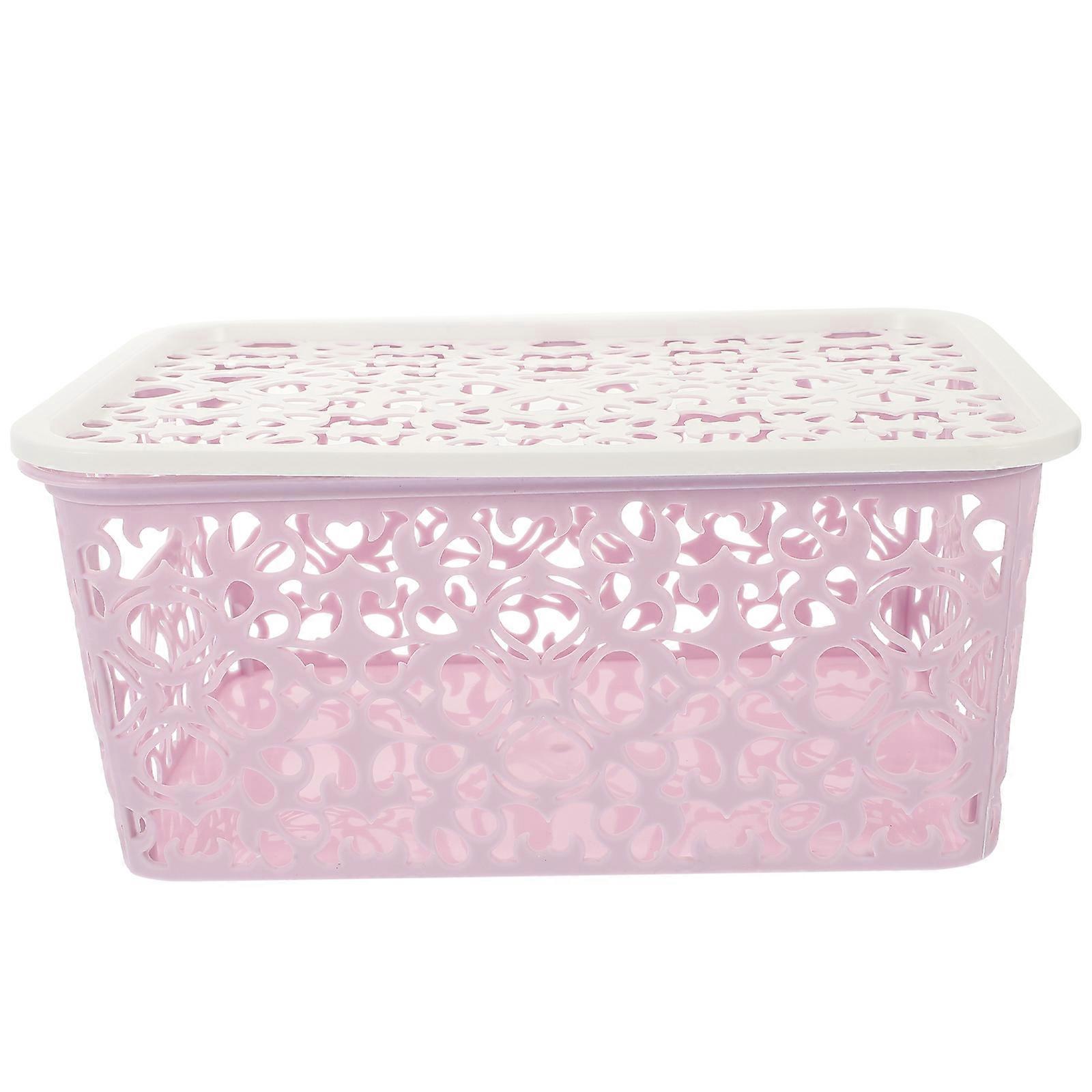 Stackable Plastic Storage Box Hollow Out Delicate Retro Pattern Storage Basket with Lid for Clothes Cosmetics Papers Toys - Small Size(Purple)