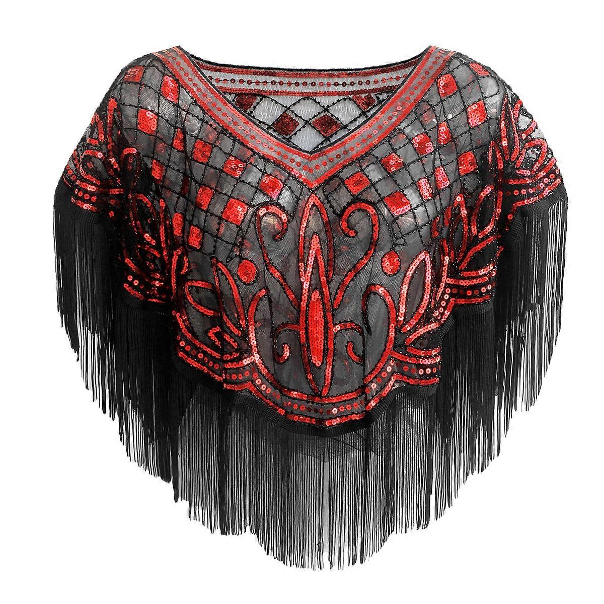 Vintage 1920s Women's Sequined Mesh Shiny Scalloped Poncho Mesh Embroidered Leaf Blouse Party red