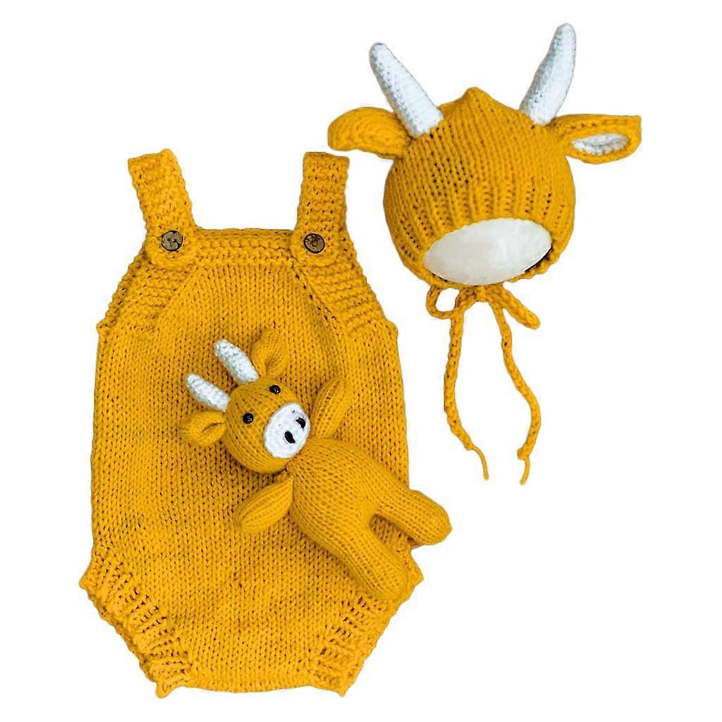 3x mignon nouveau-né bébé photo props tricoté vache jaune tenue pour poupée chapeau ensemble pour