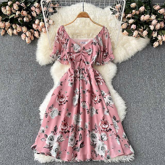 アトポスホリデービーチ女性花のサマードレスVネック半袖シフォンヴィンテージドレスエレガントな女性用ローブvestidos 2022-ピンク、フリーサイズ