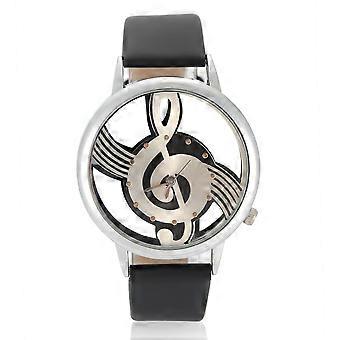Quartz Analog Couple Watch Round Hollow Musical Note Dial PU Strap Wristwatch (Black Strap)