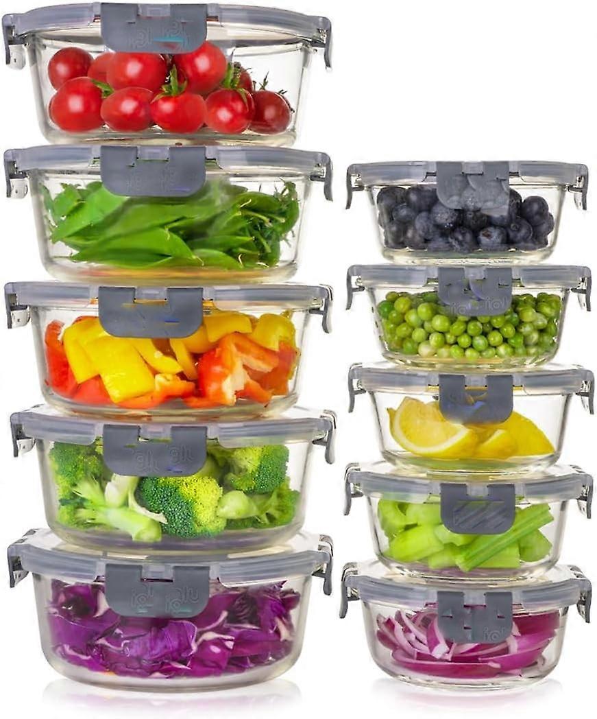 Round Glass Containers with Lids Airtight - Glass Food Storage Containers - Reusable Microwave, Freezer to Oven Safe BPA-free Lunch Box (10 Containers