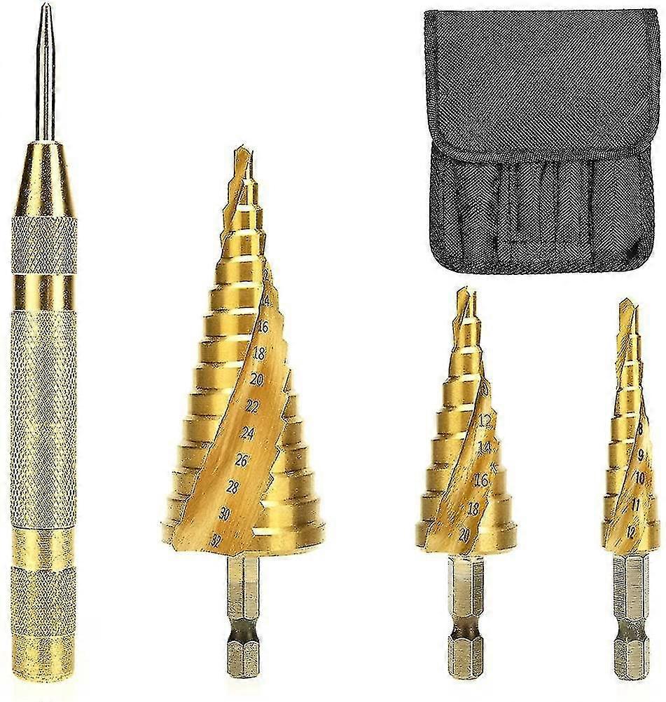 4pcs Step Drill Bit With Automatic Center Punch, Step Drill Bit Triangle Tapered