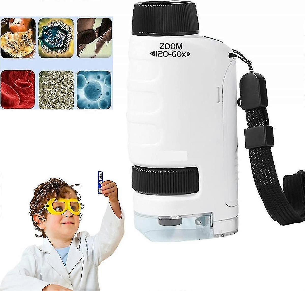 60x-120x Pocket Microscope, Portable Pocket Microscope For Children, Hand-held Microscope With Led Lamp (white)