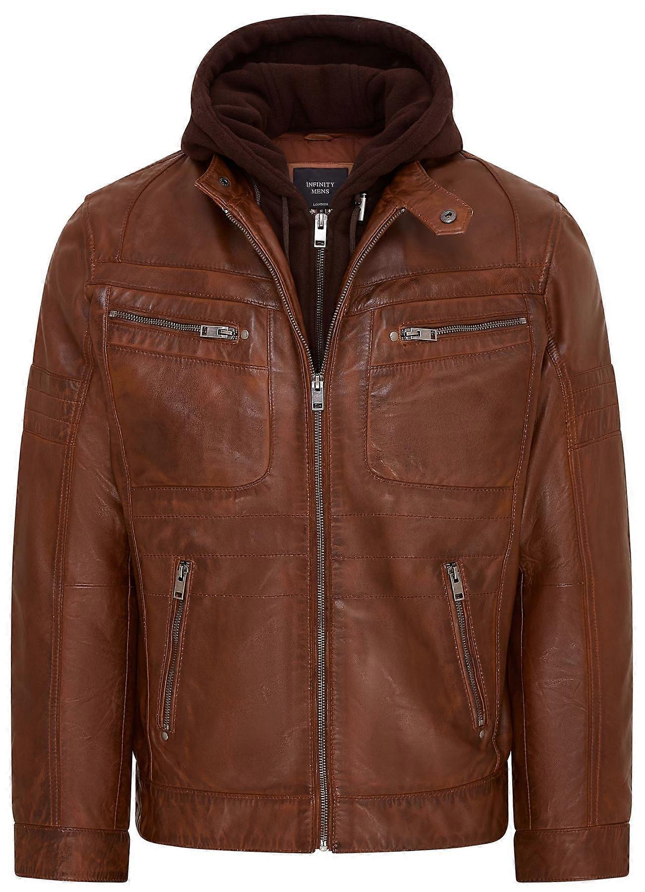 Mens Hooded Brown Biker Jacket Racing Leather with removable Hood