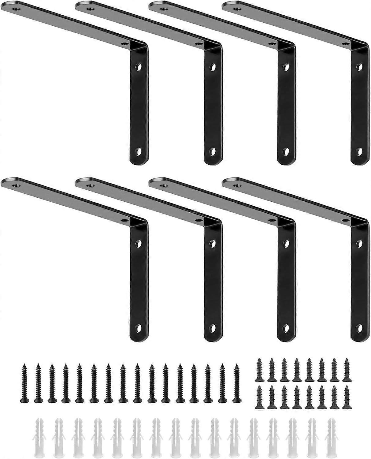8 Pack Wall Shelf Brackets, Solid Iron Corner Braces with Screws, 10x15cm Black