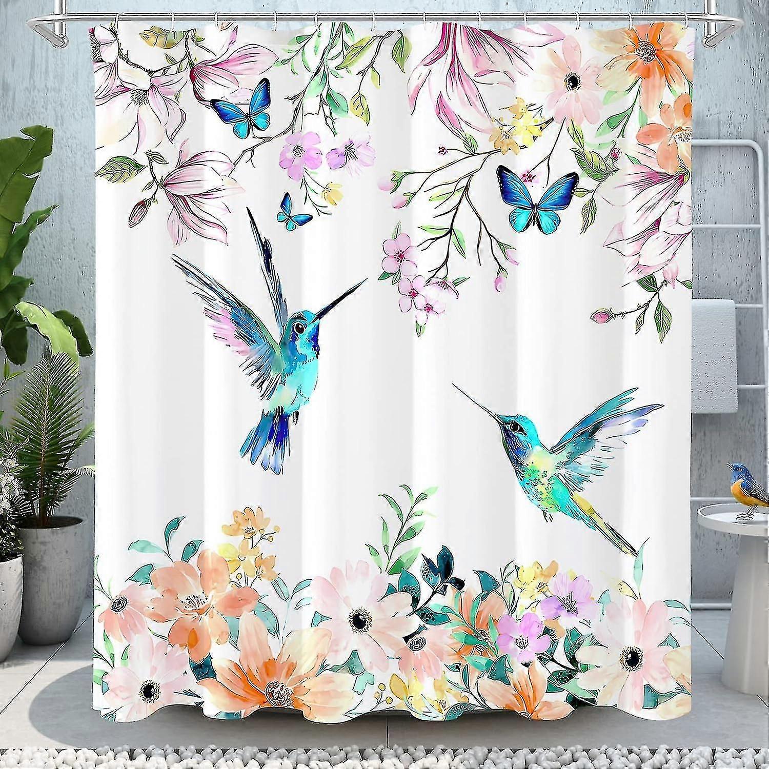 ハチドリの生地のシャワーカーテン、トロピカルフラワーバードバタフライシャワーカーテン春と夏のバスルームの装飾防水と水彩花
