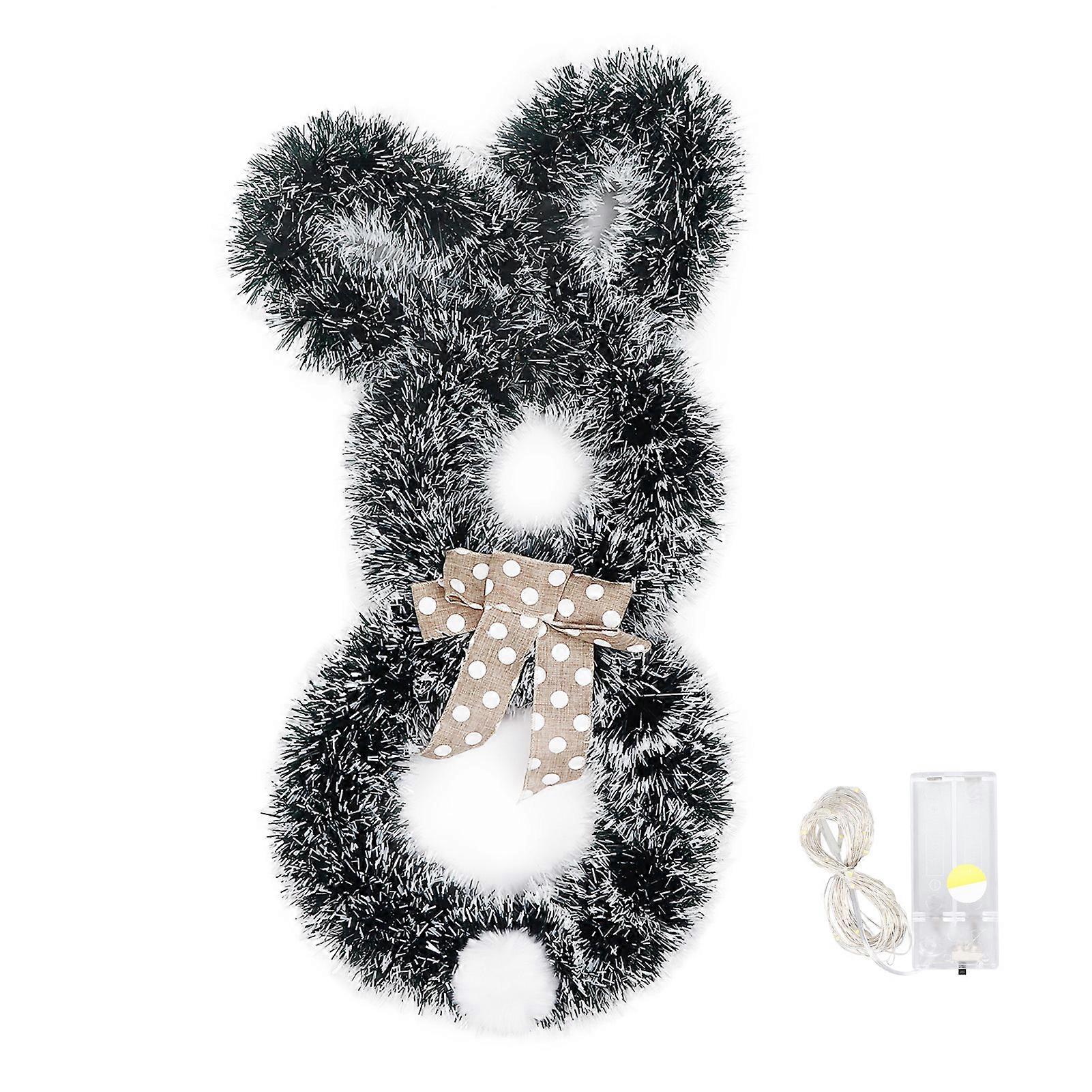 Easter Rabbit Wreath with Bow and LED Lights, Foldable Easter Front Door Decoration, 24-Inch Size, Colorful Design