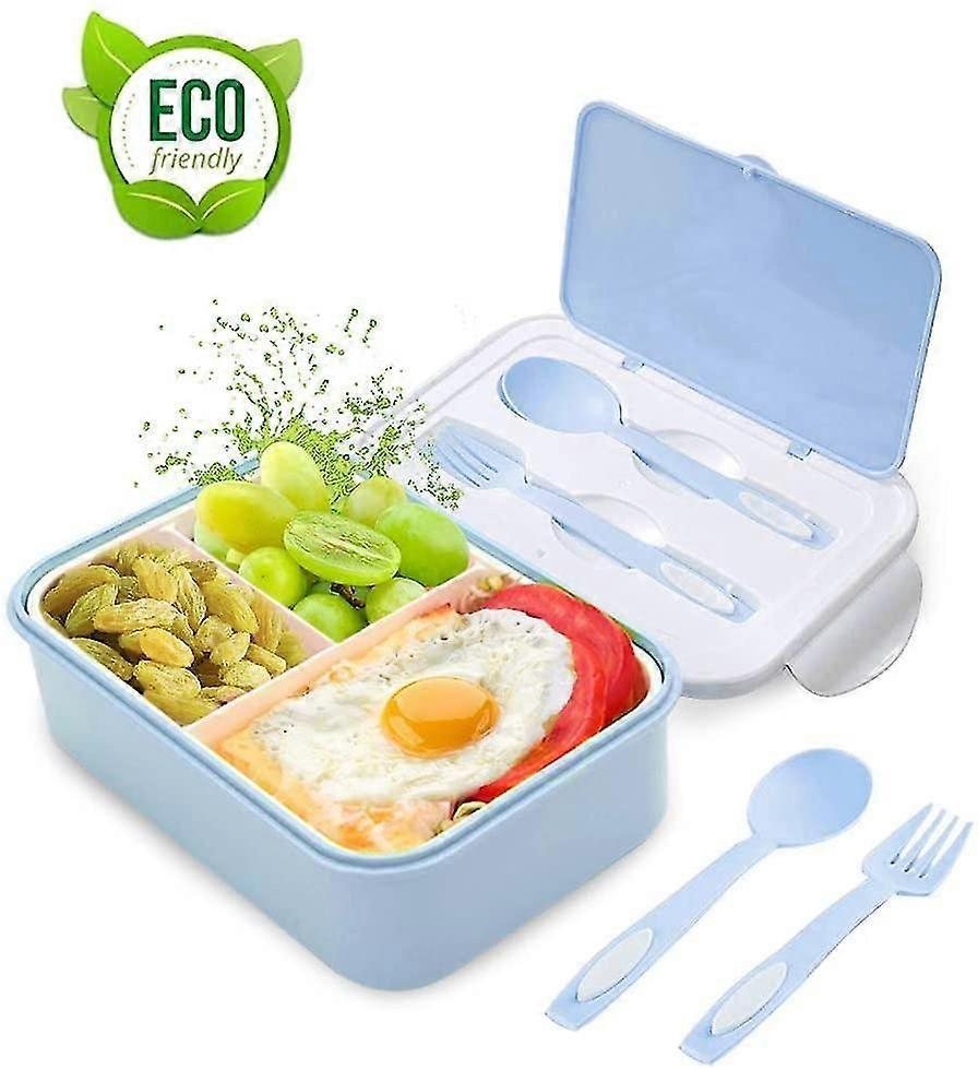 Childrens Bento Lunch Box with 3 Compartments and Cutlery, Leak-Proof, Microwave Safe, Blue