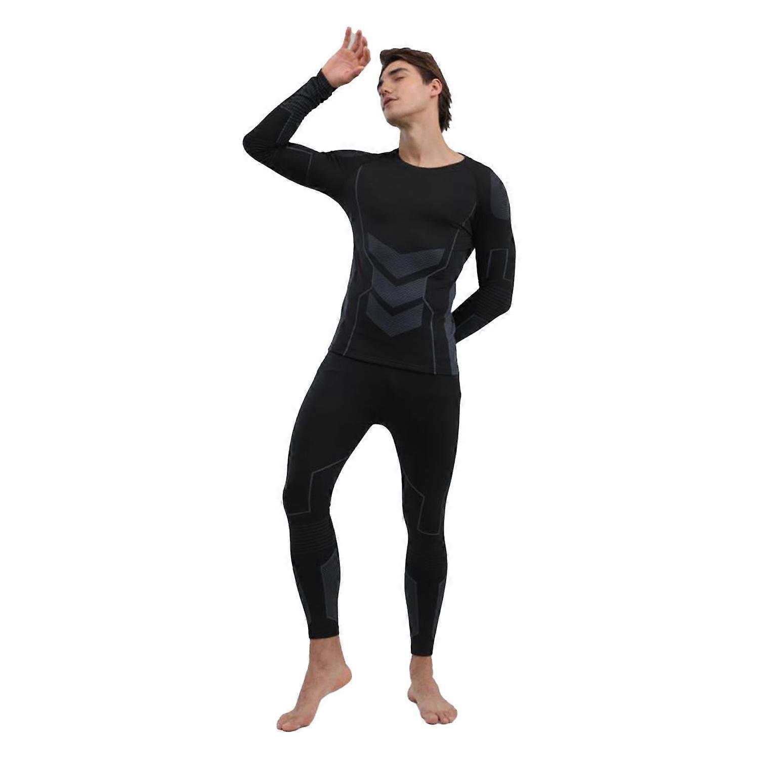 Men Thermal Underwear Set Shirt Pants Autumn Slim Fit Thermal Underwear Top Bottom Set Black L