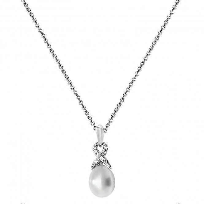 Acotis Silver Necklace Rhodium Plated Zirconia Set & Pearl G3346