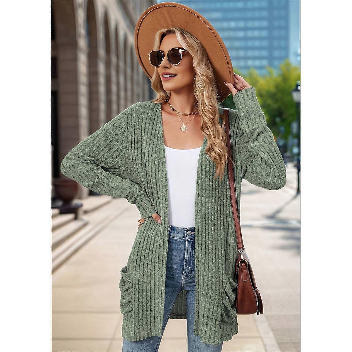 Long-Sleeved Knitted Cardigan Green L