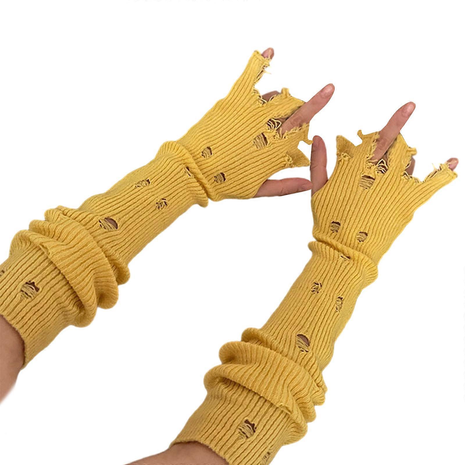 Femmes Tricot Gants Creux En Détresse Sans Doigts Longs Gants Mode Filles Accessoires Gants Chauds Y2K Bras Manches Jaune