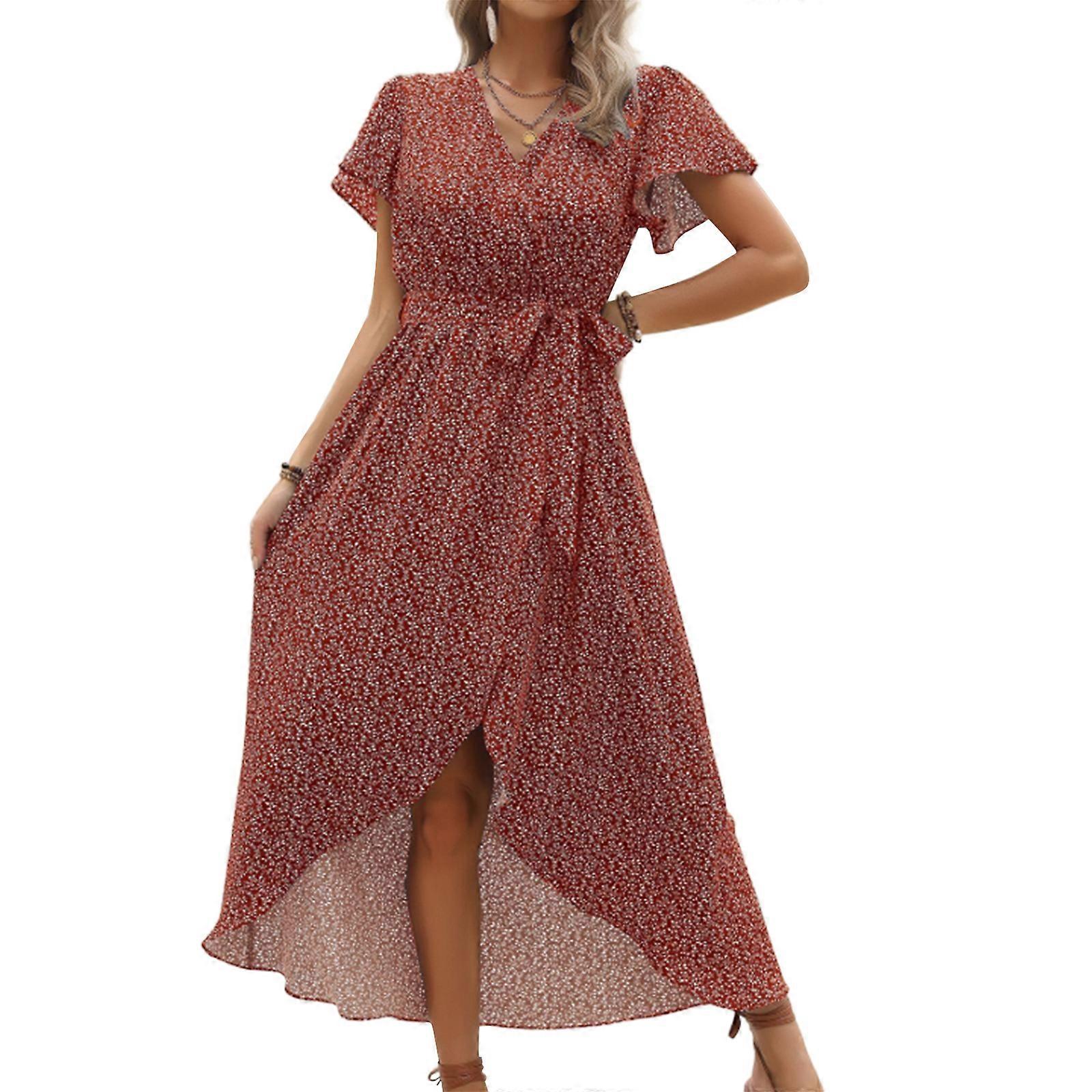Femmes 2023 Robe Bohème Floral Imprimé Robe Col V Manches Courtes Front Split Beach Party Maxi Robe avec Taille Noué Bourgogne XL