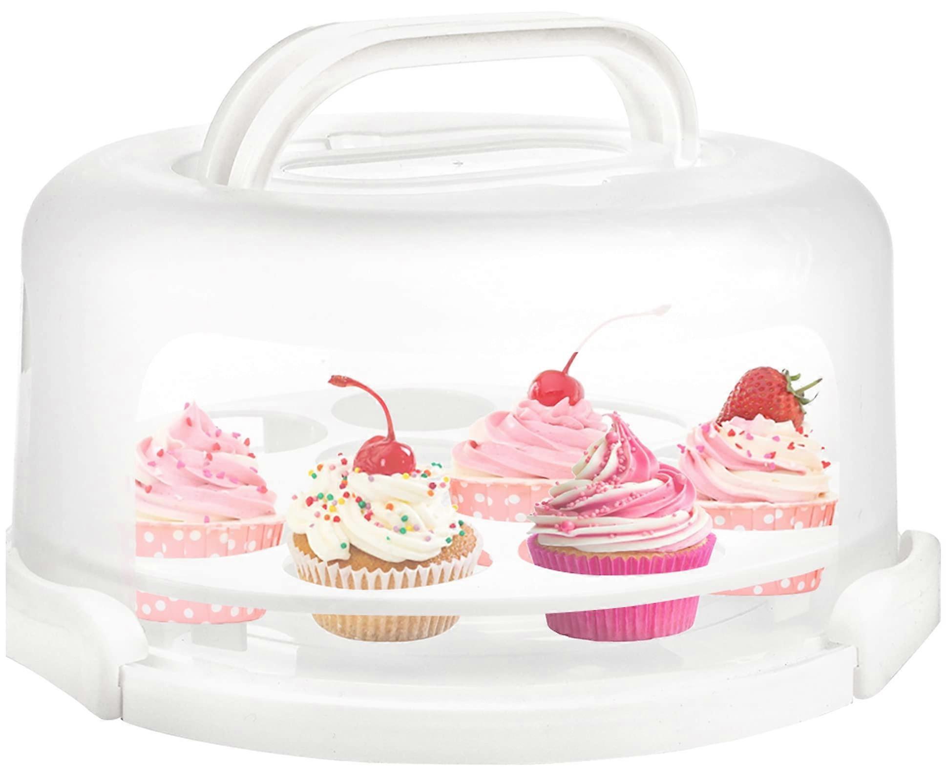 Cake Carrier with Collapsible Handle - 10 Inch White Round Plastic Cake Container with Lid for Cakes, Pies, Muffins, and Cupcakes
